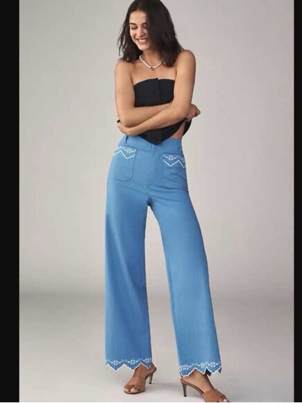 Maeve Blue High-Waist Wide-Leg Jeans with Embroidered Hem